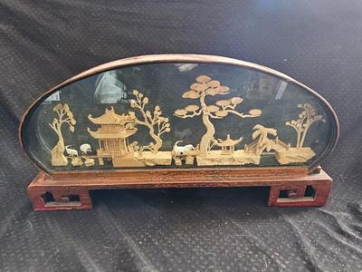 Oval Chinese Cork Art Hand Carved Diorama - Pagodas, Cranes, Trees hand carved