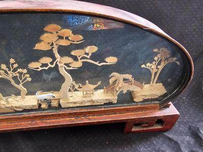 Oval Chinese Cork Art Hand Carved Diorama - Pagodas, Cranes, Trees hand carved