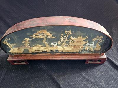 Oval Chinese Cork Art Hand Carved Diorama - Pagodas, Cranes, Trees hand carved