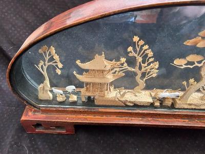 Oval Chinese Cork Art Hand Carved Diorama - Pagodas, Cranes, Trees hand carved