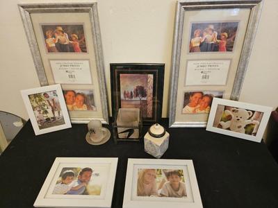 Collection of picture frames with small household decor / Ginger jar and Asian themed cup & saucer