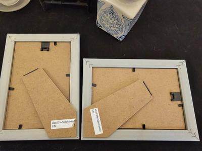 Collection of picture frames with small household decor / Ginger jar and Asian themed cup & saucer