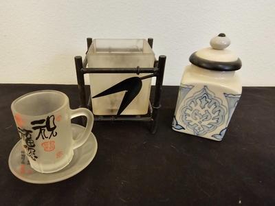 Collection of picture frames with small household decor / Ginger jar and Asian themed cup & saucer