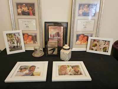 Collection of picture frames with small household decor / Ginger jar and Asian themed cup & saucer
