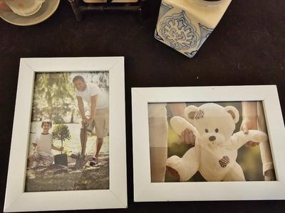 Collection of picture frames with small household decor / Ginger jar and Asian themed cup & saucer