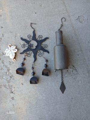 Two wind chimes - Mr. sun and bottle - with cast iron leaf door knocker
