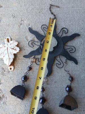 Two wind chimes - Mr. sun and bottle - with cast iron leaf door knocker