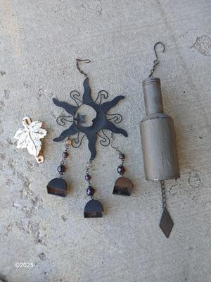 Two wind chimes - Mr. sun and bottle - with cast iron leaf door knocker