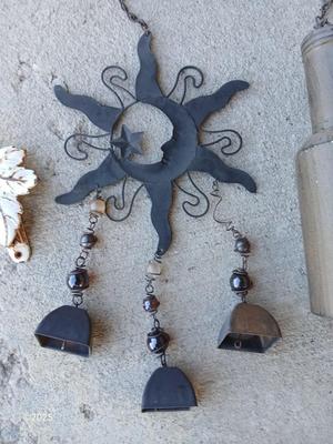 Two wind chimes - Mr. sun and bottle - with cast iron leaf door knocker