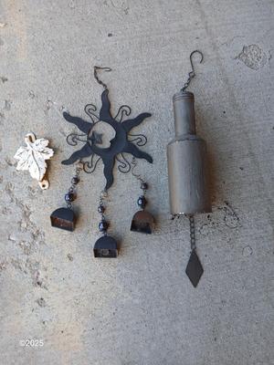 Two wind chimes - Mr. sun and bottle - with cast iron leaf door knocker