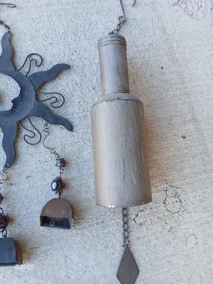 Two wind chimes - Mr. sun and bottle - with cast iron leaf door knocker