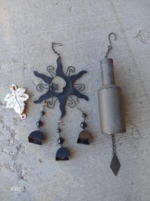 Two wind chimes - Mr. sun and bottle - with cast iron leaf door knocker