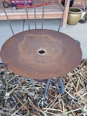 Neat handmade rustic plant stand with bowling ball center and a heavy metal Dragonfly Trellis