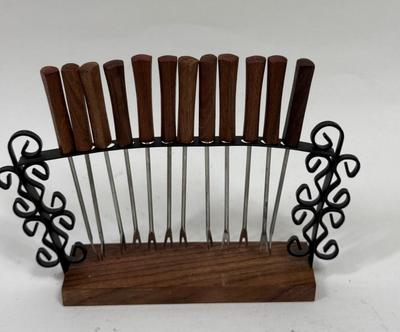 Vintage Mid-Century hors d'oeuvres Forks Picks 12 pc Set Cocktail Hour with holder