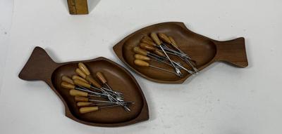 Mid Century Carved Cherrywood Fish Shaped Trays with wooden handle forks picks hors d'oeuvres Charcuterie