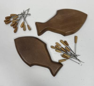 Mid Century Carved Cherrywood Fish Shaped Trays with wooden handle forks picks hors d'oeuvres Charcuterie