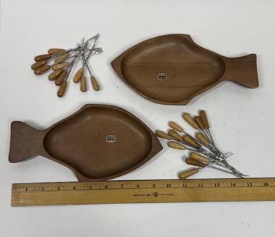Mid Century Carved Cherrywood Fish Shaped Trays with wooden handle forks picks hors d'oeuvres Charcuterie