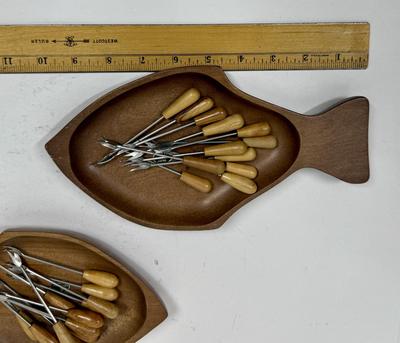 Mid Century Carved Cherrywood Fish Shaped Trays with wooden handle forks picks hors d'oeuvres Charcuterie