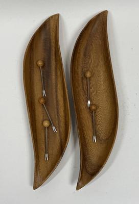 Mid Century Pair of Carved Wooden "Monkey Pod" hors d'oeuvre tray with small wooden handle picks