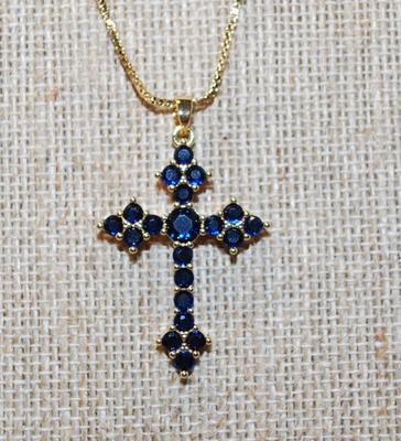 Deep Blue Stones Cross PENDANT (1½" x 1") on a Gold Tone Necklace Chain 18" L