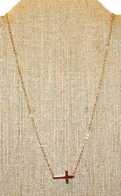 Sideways Gold Tone Cross (¾" x ½") on a Rose Gold Necklace Chain 16" L