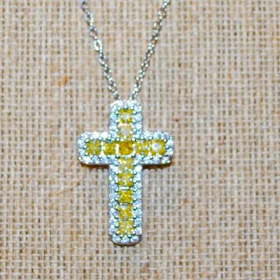 Lemon Yellow Stones Insert & Clear Stones Surrounds Cross PENDANT (1" x ¾") on a Silver Tone Necklace Chain 17" L