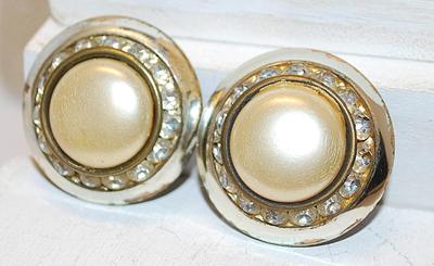 VINTAGE 1940's Large Pearl Style Earrings (1⅛" Diam.) with Small Rectangle Clear Stones Surround & Snap Clasp