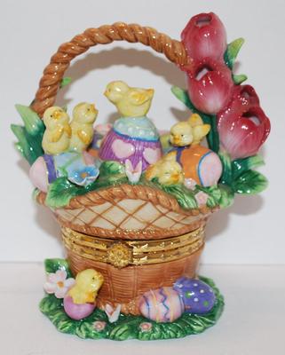 Large EASTER Themed Jewelry Hinged Trinket Basket with Tulips, Baby Chicks, Colored Eggs and Flowers -- 6" H with a 4" Base