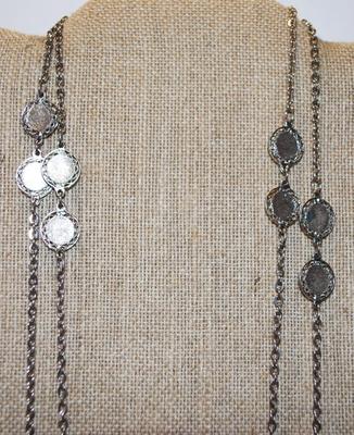 Long 50" Wrap-Around Necklace with Silver Tone Hammered Discs & Chain