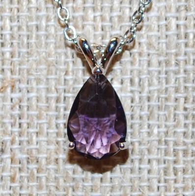 Deep Purple Pear Shape Double Hooked PENDANT (½" x ½") on a Silver Tone Necklace Chain 17" L