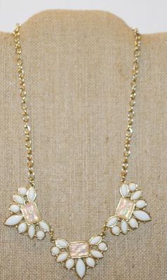 3 Section Necklace with White Opaque & Green/Pink Iridescent Rectangular Accent Stones on Gold Tone Chain 14" L