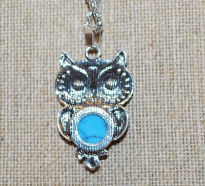 "Blue Belly" Owl PENDANT (1½" x 1") AND Earrings (1" x ½") Set on a Silver Tone Necklace Chain 27" L