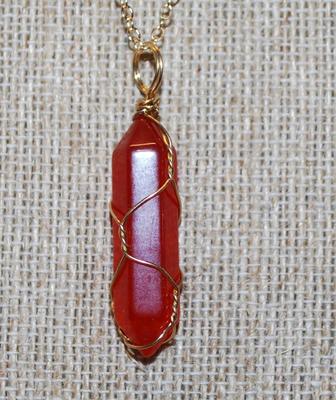 Cranberry Red Long Prism PENDANT (1½" x ½") on a Gold Tone Necklace Chain 18" L