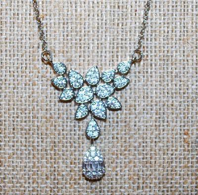 "Waterfalls" Style Setting PENDANT (1½" x 1¼") with Lots of Tiny Stones on a Silver Tone Necklace Chain 17" L
