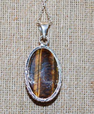 Large Oval Tiger Eye PENDANT (2" x 1") on an Adjustable Necklace Chain 14"-18" L