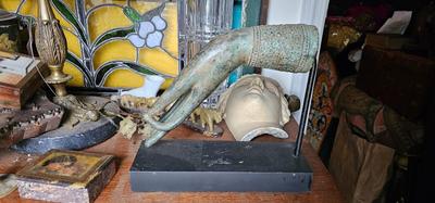 Vintage Bronze Thai Hand of Buddha on stand
