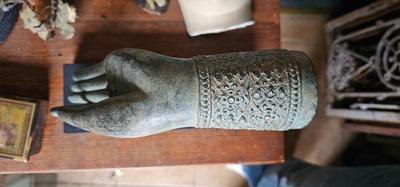 Vintage Bronze Thai Hand of Buddha on stand