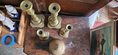 Five pieces of brass, two sets of candlesticks. Trinket Box (Betel Nut Box)!