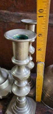 Five pieces of brass, two sets of candlesticks. Trinket Box (Betel Nut Box)!