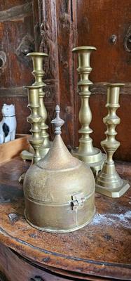 Five pieces of brass, two sets of candlesticks. Trinket Box (Betel Nut Box)!