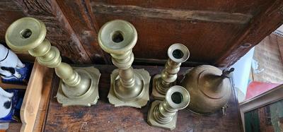 Five pieces of brass, two sets of candlesticks. Trinket Box (Betel Nut Box)!