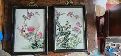 Vintage Porcelain tiles bird paintings Famille Rose