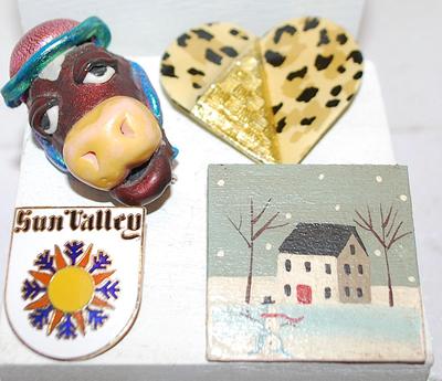 Assortment of 4 PINS -- Sun Valley; Handcrafted Winter Scene; Modern Spotted Cat Style & Fun Cow with Hat