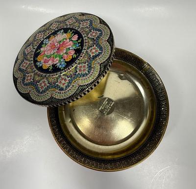 Vintage Floral Mosaic 8” Round Tin Storage Box Made in England