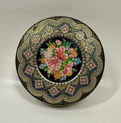 Vintage Floral Mosaic 8” Round Tin Storage Box Made in England