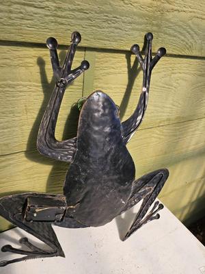 Four metal garden frogs and a strand of dragonfly lights