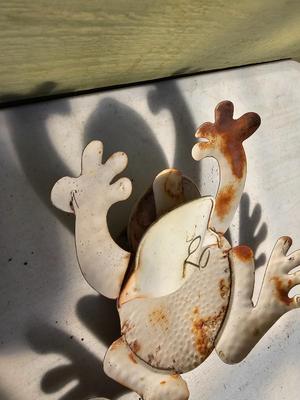 Four metal garden frogs and a strand of dragonfly lights