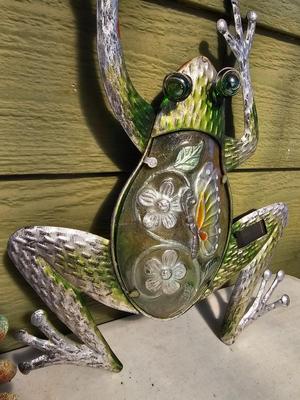 Four metal garden frogs and a strand of dragonfly lights