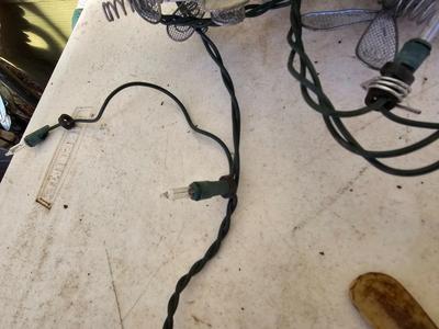 Four metal garden frogs and a strand of dragonfly lights