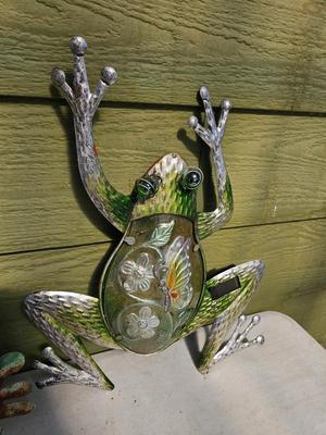 Four metal garden frogs and a strand of dragonfly lights